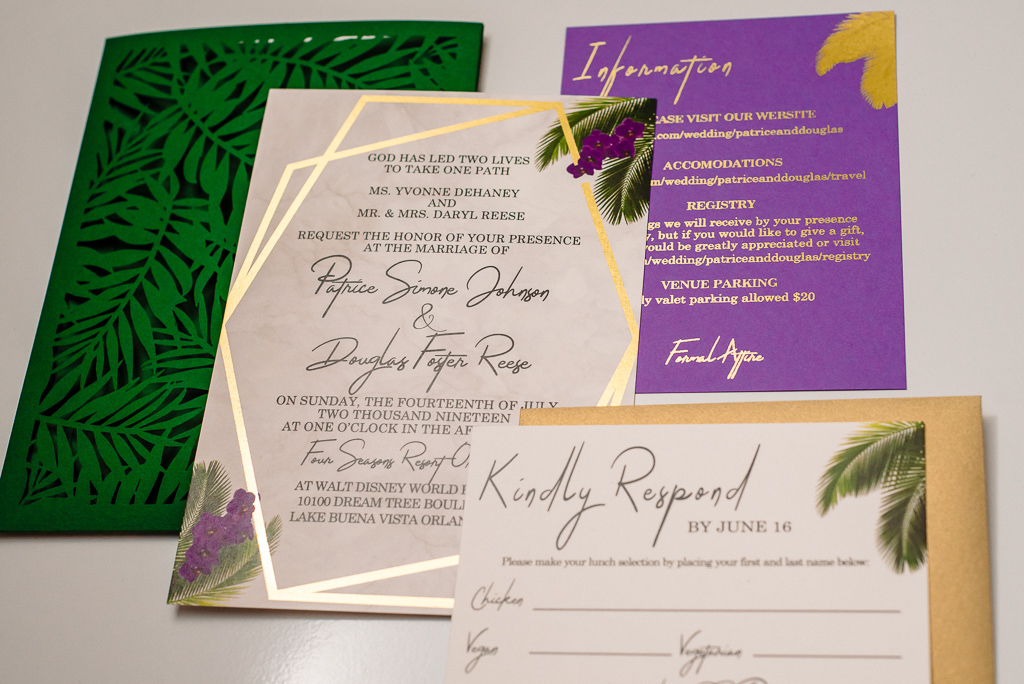 Green, purple and gold wedding invitation with Palm Leaves